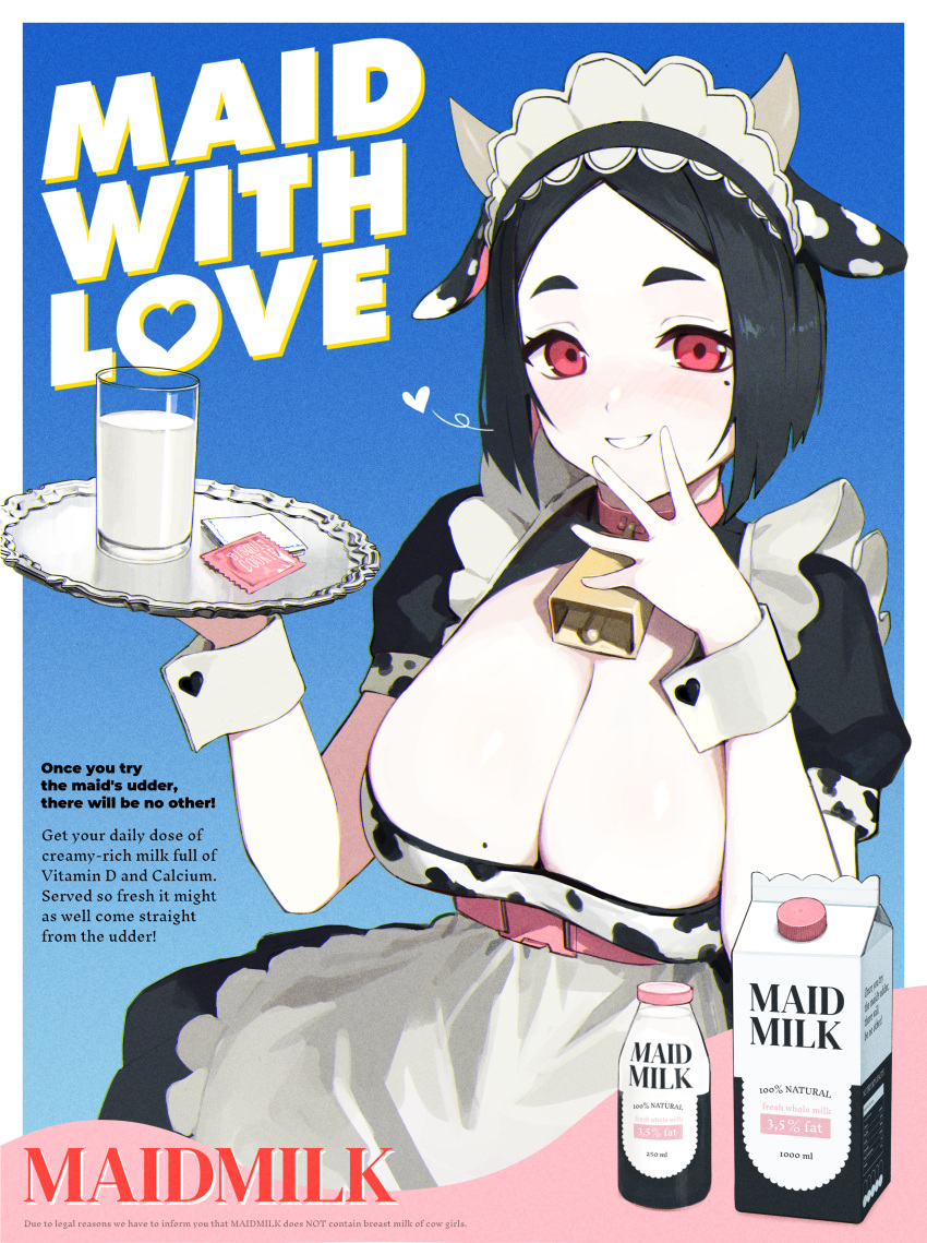 1girls advertisement black_hair blush breasts cleavage condom condom_wrapper cow_ears cow_girl cow_horns cow_print cowbell dress drink drinking_glass english_text female female_only heart hi_res large_breasts light-skinned_female light_skin looking_at_viewer maid maid_apron maid_headdress maid_outfit maid_uniform milk milk_bottle milk_carton mole mole_on_breast mole_under_eye original original_character poster red_eyes serving_tray short_hair smile unopened_condom_wrapper vertigris