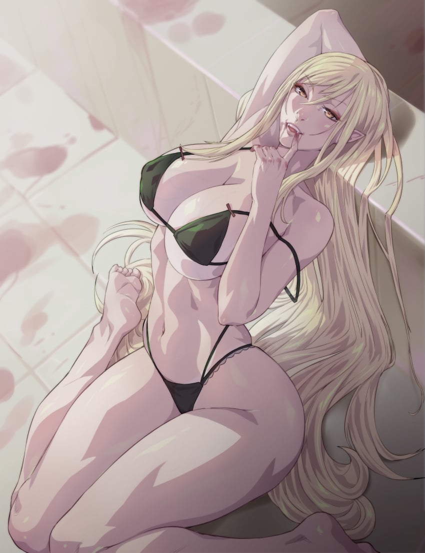 arttoru bakemonogatari bikini hourglass_figure huge_breasts kiss-shot_acerola-orion_heart-under-blade kizumonogatari monogatari_(series) on_knees oshino_shinobu thick_thighs