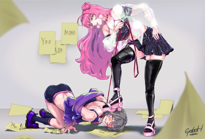 1boy 1girls artist_signature babypink_(vtuber) black_thighhighs blush clothed clothing collar demodatte_nanka_(gotoh) dominant_female double_bun female femboy femdom filthy_degenerate_(filthydegenera6) kneeling latex latex_thighhighs leash leash_and_collar light-skinned_female light-skinned_male light_skin looking_at_partner male malesub nosebleed papers pink_eyes pink_hair stepped_on stepping_on_head stepping_on_male submissive_male thighhighs virtual_youtuber yellow_eyes