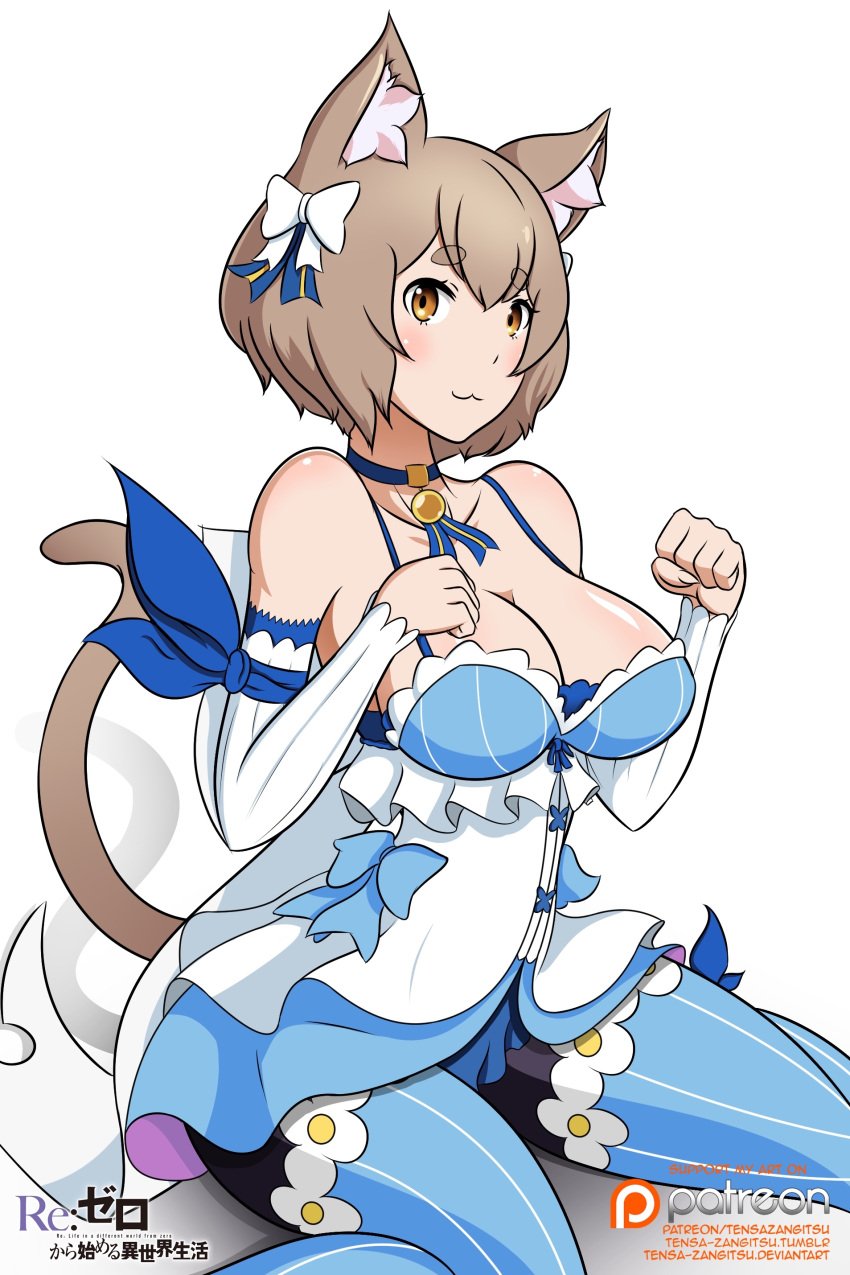 :3 animal_ears animal_tail armwear blue_clothing blush blushing bow_ribbon breasts brown_eyes brown_hair cat_ears cat_tail catgirl clothing collar felix_argyle female female_only genderswap_(mtf) hairbow large_breasts legwear looking_at_viewer re:zero_kara_hajimeru_isekai_seikatsu rule_63 short_hair sitting skirt solo tensa-zangitsu thighhighs white_background