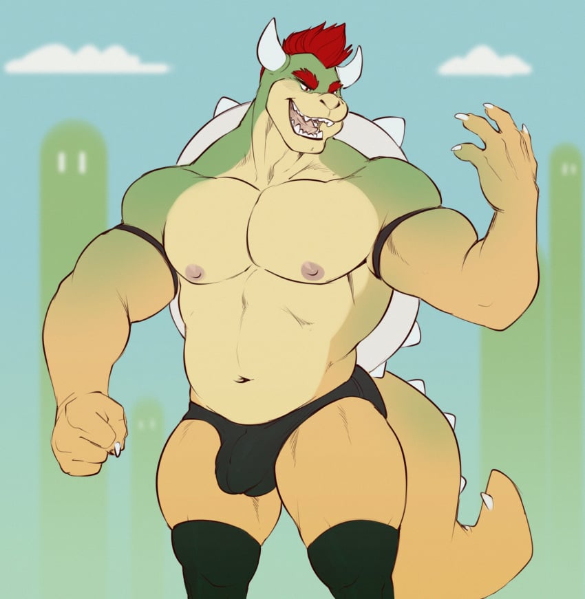 4_fingers absurd_res anthro black_clothing bowser bulge claws clothed clothing eldiman eyebrows finger_claws fingers hair hi_res horn koopa legwear male male_only mario_(series) muscular muscular_anthro muscular_male navel nintendo nipples pecs red_eyebrows red_hair reptile scalie solo super_mario_bros. thigh_highs video_games