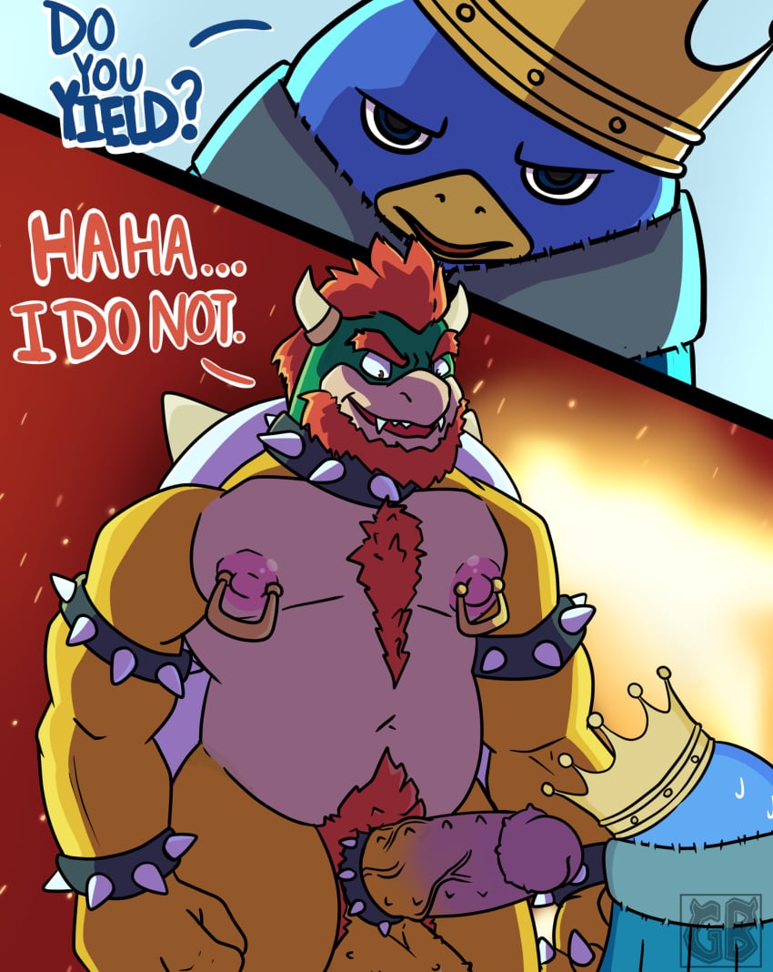 2boys absurd_res accessory anthro avian bara belly big_belly bird body_hair bowser bracelet bulge chest_hair cloak clothing cock_ring collar crown dialogue duo erection facial_hair fangs gay genitals grin group hi_res jewelry king_penguin_(mario_movie) male male/male male_only mario_(series) muscular muscular_male nintendo nipple_piercing nipples penguin penguin_(mario) penile_spines penis penis_accessory penis_jewelry piercing pubes shell smile spiked_bracelet spiked_collar spiked_shell spikes spikes_(anatomy) super_mario_bros._(2023_film) terryeternity thong underwear video_games