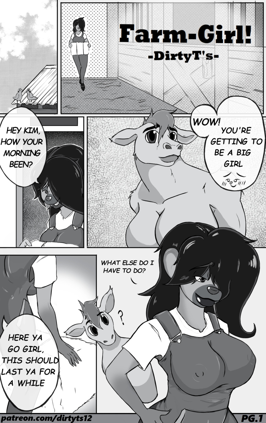 angela_(dirtyt's) anthro avian barn big_breasts bird bovid bovine breasts cattle clothed clothed/nude clothing comic comic_panel dirtyt's english_text female feral food hi_res humanoid hyaenid kimberly_(dirtyt's) mammal monochrome nude page_1 text work