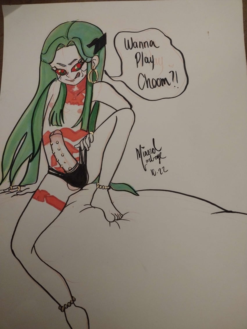 1futa choom cyberpunk:_edgerunners cyberpunk_2077 femboy futanari green_hair long_hair minerarugarbage nipples panties penis penis_out rebecca_(edgerunners) ring text tongue