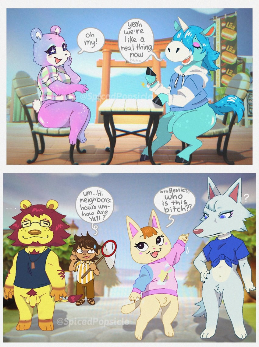 2022 animal_crossing anthro balls banner barefoot blush bodily_fluids bottomless bottomwear bug_net canid canine canis casual casual_bottomless casual_exposure chair claws clothed clothing comic crop_top day dialogue dog_tags domestic_cat ellipsis english_text equid equine eyelashes eyeshadow eyewear feet felid feline felis female flaccid footwear foreskin freckles fur furniture genitals gesture glasses group hair hand_on_hip hi_res hoodie hooved_hands hooves horn human humanoid_genitalia humanoid_penis humor judy_(animal_crossing) julian_(animal_crossing) lion long_hair makeup male mammal mane merry_(animal_crossing) mott_(animal_crossing) multiple_scenes nintendo outside pantherine pants penis plant plantigrade pointing profanity pubes public pussy question_mark ring_(jewelry) sandals shadow shirt sitting sky smile spicedpopsicle standing sweat sweatdrop sweater table tank_top text the_truth topwear tree tuft unicorn unicorn_horn url ursid video_games villager_(animal_crossing) whitney_(animal_crossing) wolf