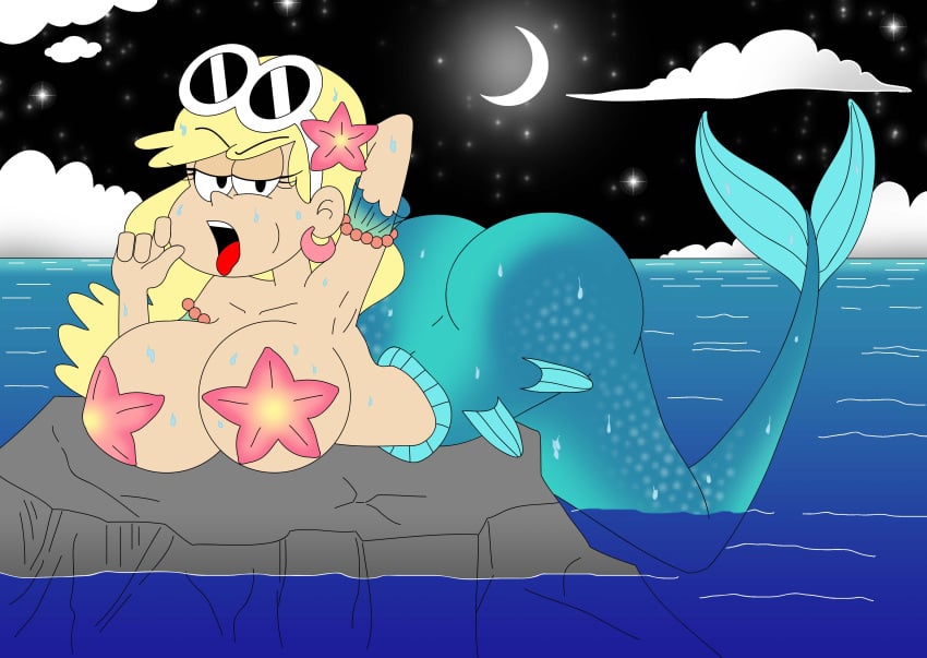 black_glasses blonde_hair covered_nipples fanart fellatio_gesture female ferozyraptor fish_tail glasses hair_ornament highres huge_breasts leni_loud mermaid moon night open_mouth rock scales sea starfish_pasties the_loud_house tongue_out water