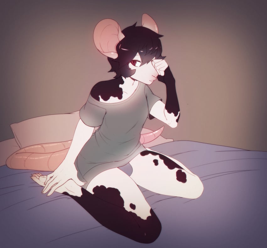 1boy 2019 anthro barefoot bulge femboy hair_over_one_eye large_ears long_tail male male_only murid murine on_bed original remais shirt sleepy suelix t-shirt tail twink wariza