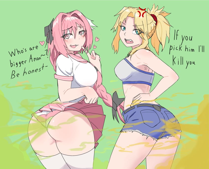 1boy 1girls ass astolfo_(fate) blonde_hair fake_breasts fart fart_fetish fate/apocrypha fate_(series) femboy green_background green_eyes jorts mordred_(fate) pink_eyes pink_hair pyrosinical shimapan skirt skirt_lift