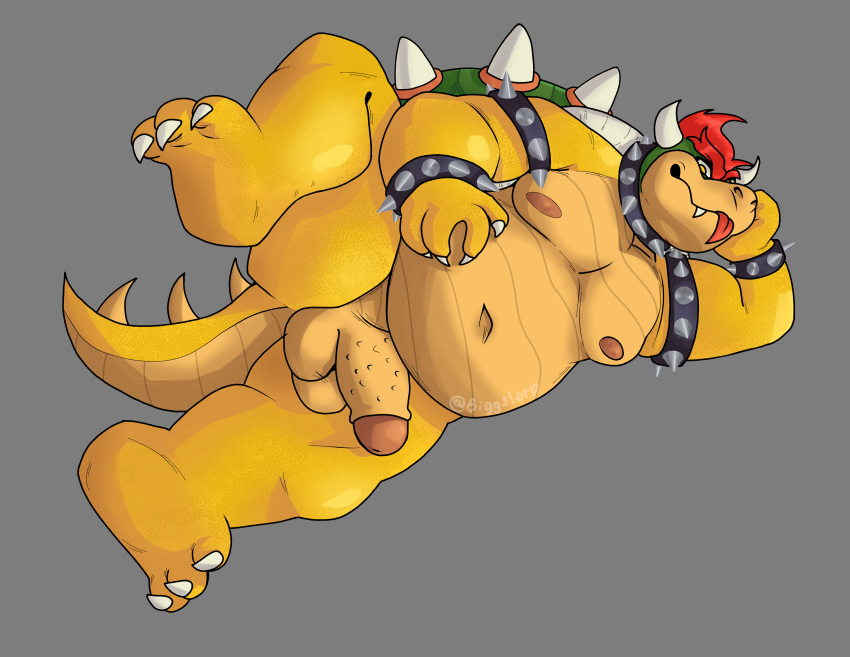 absurd_res anthro balls belly biggslorp bowser chubby_male collar digital_media_(artwork) genitals hair hi_res horn koopa lizard looking_at_viewer male male_only mario_(series) moobs navel nintendo nipples nude overweight overweight_anthro overweight_male penis red_hair reptile scalie shell simple_background slightly_chubby smile solo spikes tongue video_games