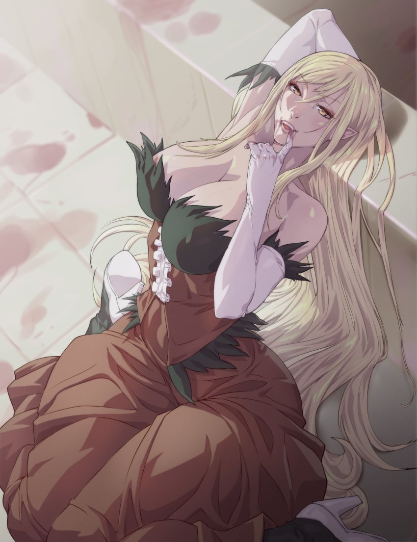 arttoru bakemonogatari hourglass_figure huge_breasts kiss-shot_acerola-orion_heart-under-blade kizumonogatari monogatari_(series) on_knees oshino_shinobu thick_thighs