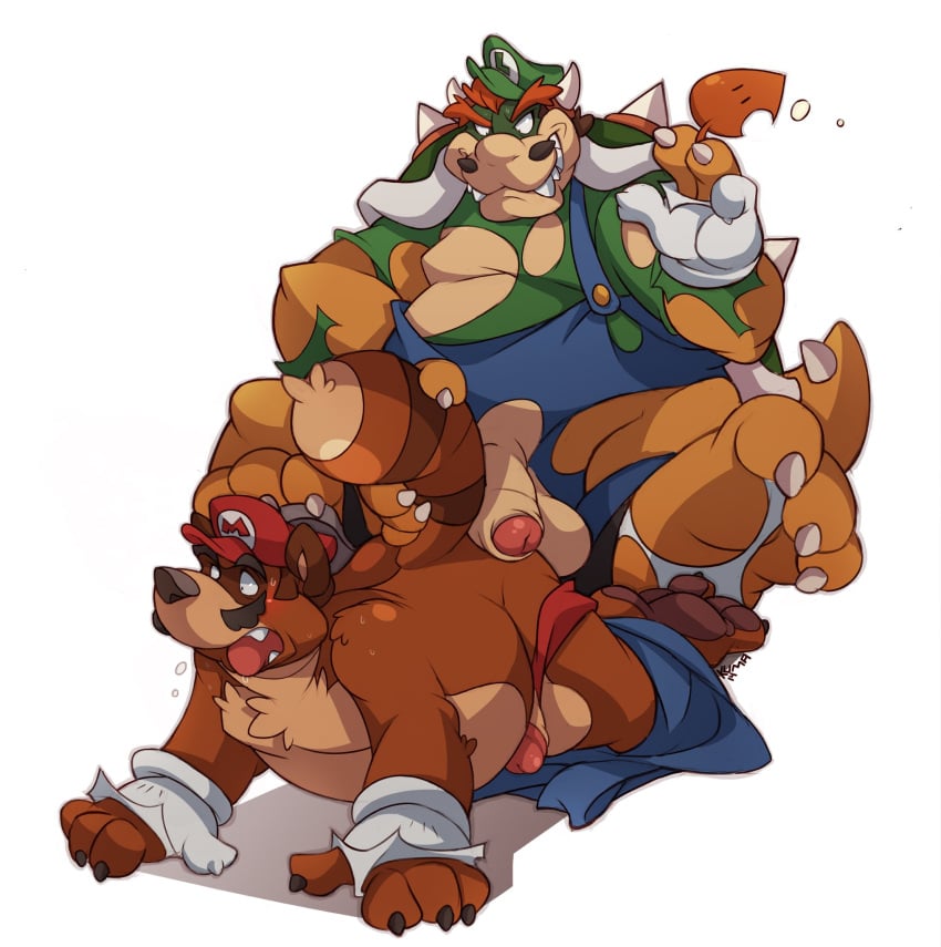 anthro balls belly blush bowser brother brothers canid canine claws clothing dominant dominant_male duo facial_hair gay gay_sex genitals hat headgear headwear hi_res horn koopa kuma luigi male male/male male_only mammal mario mario_(series) moustache nintendo open_mouth penis raccoon_dog scalie sibling smile super_mario_3d_land tanooki_mario tanuki torn_clothing video_games