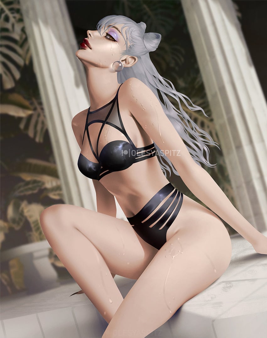 1girls big_ass evelynn female female_only gray_hair k/da_evelynn k/da_series league_of_legends light-skinned_female light_skin looking_at_viewer olesyaspitz purple_eyeshadow side_eye succubus swimsuit wet