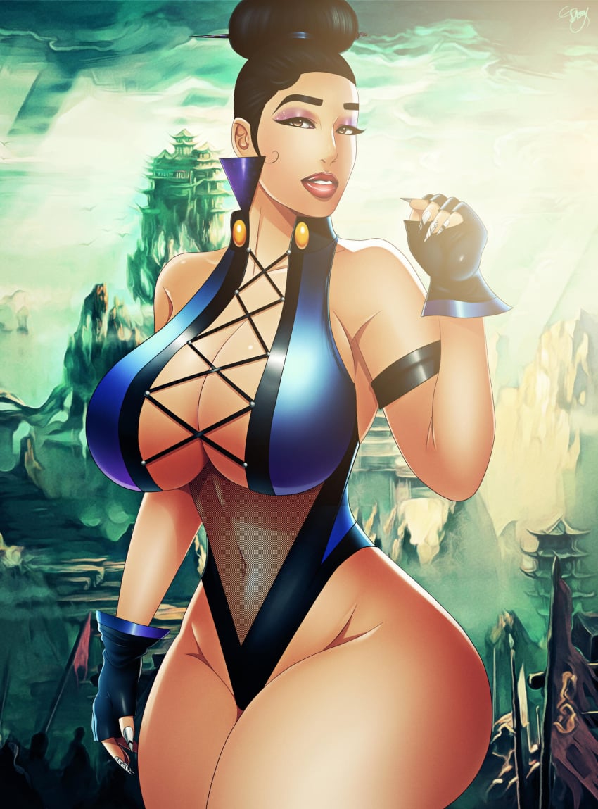 2d ass big_ass breasts curvy edenian elegant geisha jassycoco kitana klassic_kitana long_nails looking_at_viewer makeup massive_breasts mortal_kombat mortal_kombat_3 mountain neckline princess seductive sun tagme thick_thighs thighs