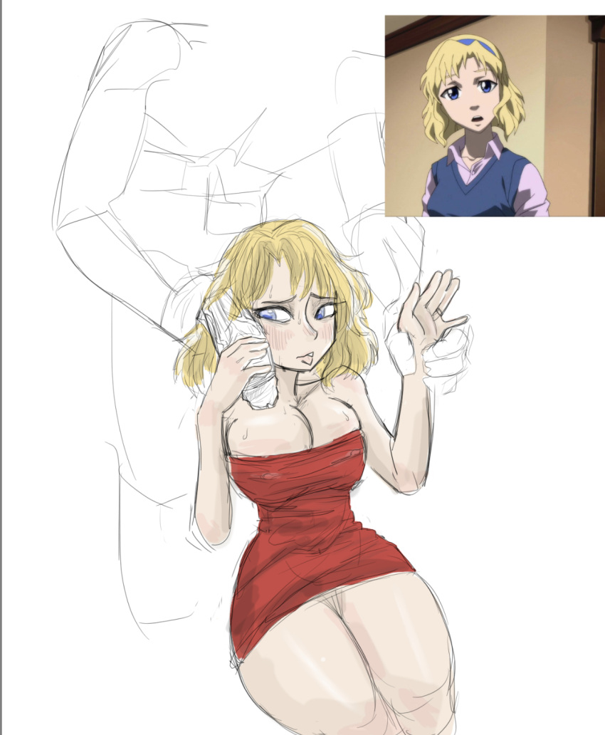 blonde_hair blue_eyes cheating clothed cynicalnutter dress girl imminent_sex penis_against_face sarah_dubois the_boondocks unseen_male_face wrist_grab