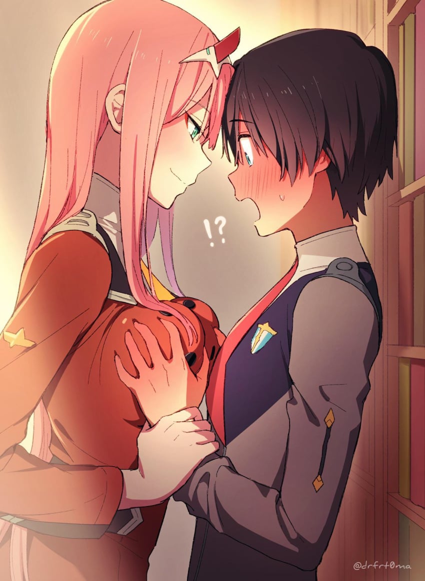 1boy 1girls blush clothed_sex clothing darling_in_the_franxx drfrt0ma female femboy grabbing grabbing_breasts heavy_blush hiro_(darling_in_the_franxx) male nervous shocked side_view smile surprised tagme zero_two_(darling_in_the_franxx)