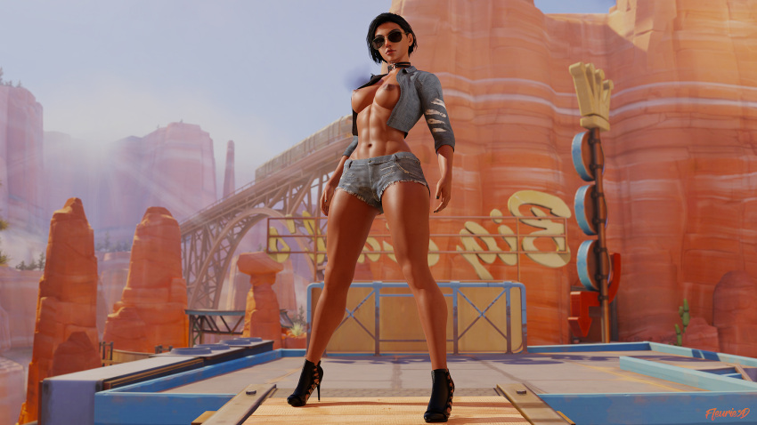 3d abs arabian arabian_female ass aviator_sunglasses big_ass black_eyes black_hair blender blizzard_entertainment clothing dark-skinned_female dark_skin desert egyptian egyptian_female female fleurie3d heels high_heels high_resolution jacket jacket_open looking_at_viewer medium_breasts middle_eastern middle_eastern_female muscle muscular_female open_jacket overwatch pharah short_hair short_shorts shorts sunglasses tinted_eyewear