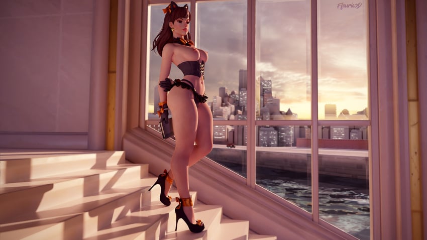 3d abs ass big_ass blender blizzard_entertainment brown_eyes brown_hair cat_ears clothing d.va female fleurie3d heels high_heels high_resolution looking_at_viewer medium_breasts overwatch sun thick_thighs topless topless_female