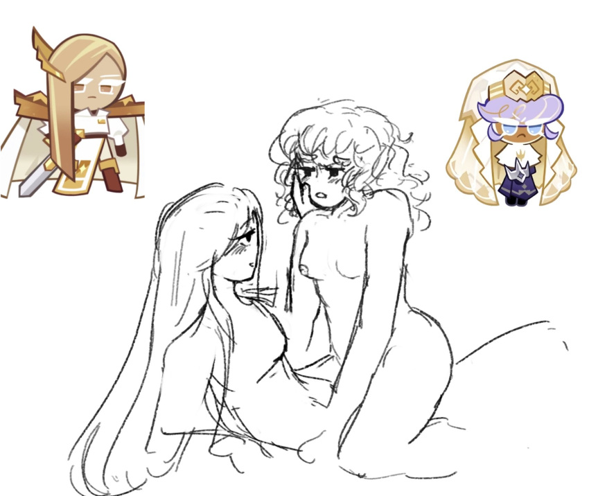 2girls areolae black_and_white blonde_hair blush breasts cookie_run cookie_run_kingdom duo eyelashes female female_only financier_cookie hand_on_face intimate lesbian long_hair medium_hair monochrome nipples pastry_cookie purple_hair rookspice scissoring sketch wholesome yuri