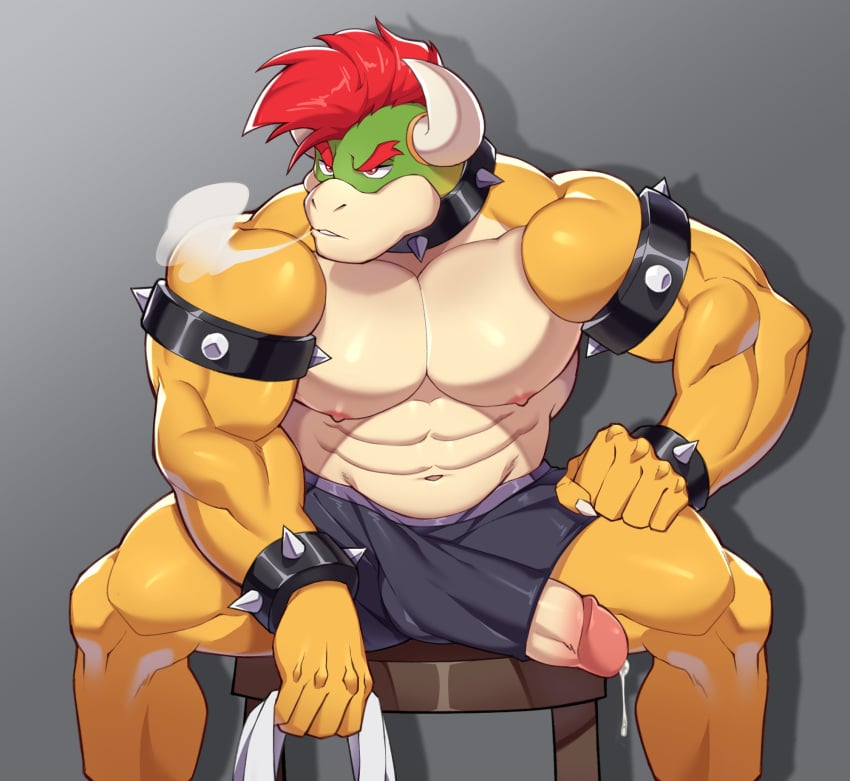 1male anthro armband bodily_fluids bottomwear bowser clothing collar dripping erection genital_fluids genitals hair hi_res horn koopa male male_only mario_(series) muscular muscular_male muto20002 nintendo nipples pecs penis penis_through_leghole poking_out precum precum_drip red_hair scalie shorts solo spiked_armband spiked_collar spikes video_games workout