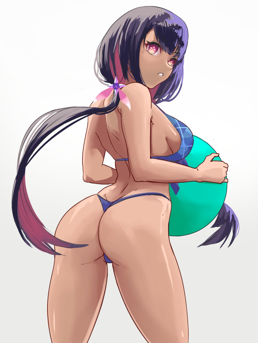 1girls 2022 alternative_skin_color ass ass_focus ball bikini_top breasts dark-skinned_female dark_skin hina_misora looking_back simple_background virtual_youtuber wactor wactor_es wactor_production white_background