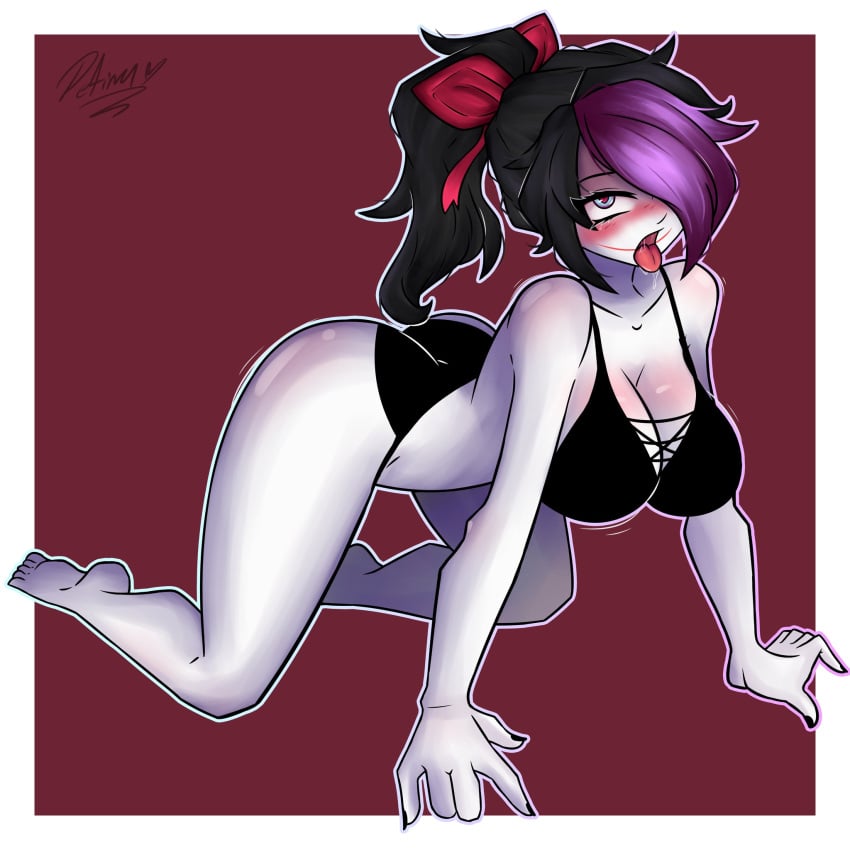 1girls ahe_gao ass big_breasts bikini blue_eyes blush breasts creepypasta doggy_style female female_only heart kneeling multicolored_hair nail_polish nina_the_killer pale_skin petina ponytail saliva solo tongue tongue_out wet