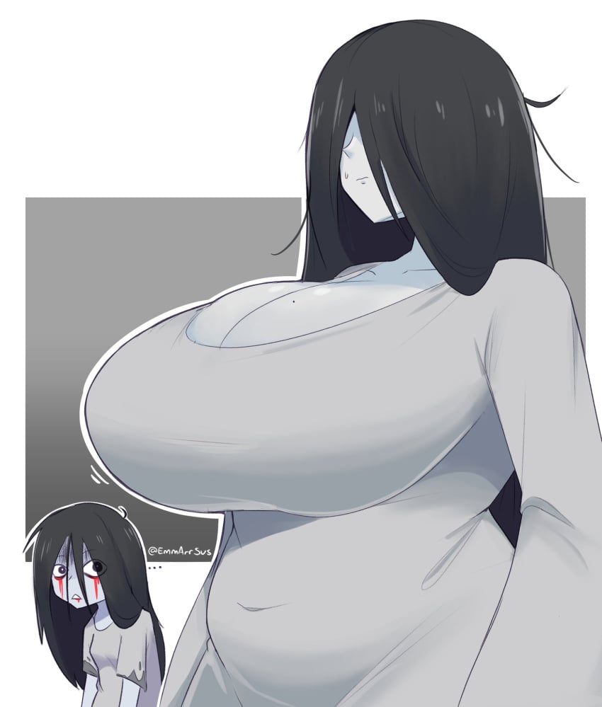 2girls black_hair blood breast_envy color emmarrgus faceless_character faceless_female female female_only flat_chest flat_chested ghost ghost_girl huge_breasts ju-on long_hair looking_at_another looking_at_breasts massive_breasts milf pale_skin saeki_kayako simple_background the_grudge the_ring venus_body very_long_hair voluptuous white_shirt wide_hips yamamura_sadako