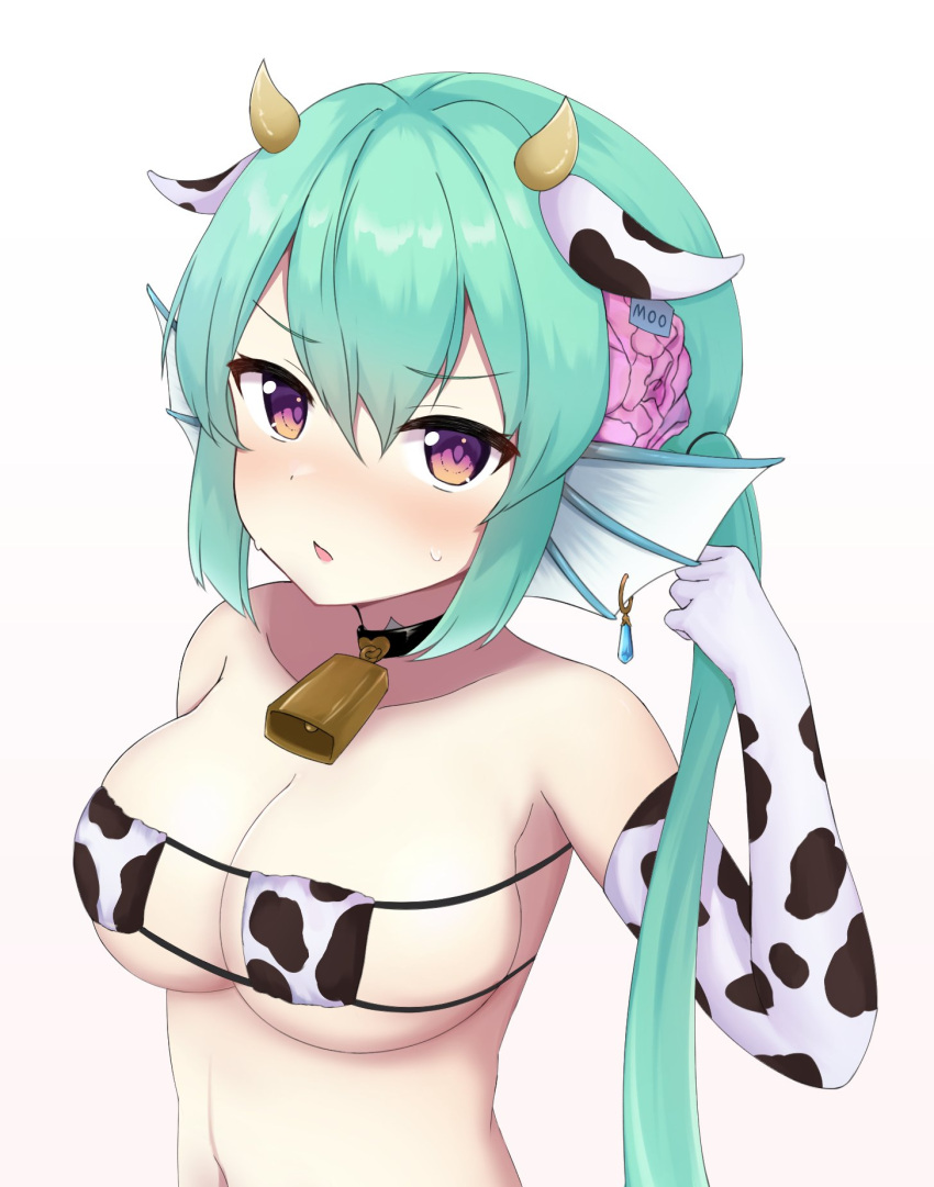 1girls bell bell_collar bikini blush clothed clothing cow_bikini cow_ears cow_horns cow_print cow_print_gloves embarrassed eyebrows_visible_through_hair eyepatch_bikini female female_only finana_ryugu fins fish_girl gloves green_hair head_fins horns light-skinned_female light_skin looking_at_viewer mikoscrub nijisanji nijisanji_en skimpy_clothes solo sweatdrop virtual_youtuber