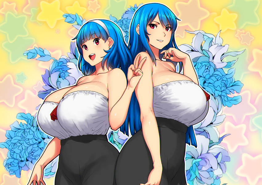 2girls back_to_back bakunyuu bare_shoulders black_skirt blue_flower blue_hair blunt_bangs body_outline bulge_through_clothing bulging_breasts busty candy_blue_hair cleavage collarbone curvy_females daughter duo duo_focus earrings enormous_breasts erkazooya errorkazoo eyebrows_visible_through_hair family female_only females_only fingernails floral_background floral_print flower_background fully_clothed hair_ornament hairband height_difference hi_res high_resolution highres huge_breasts long_hair massive_breasts mature_female mature_woman milf mother mother_and_daughter multiple_females multiple_girls nail_polish older_female older_woman_and_younger_girl open_mouth original original_character original_characters pattern_background red_eyes red_ribbon rina_atherina rina_atherina_(errorkazoo) short_hair showing_teeth side_by_side sleeveless sleeveless_dress standing star_background starry_background stars strapless strapless_clothing strapless_dress stud_earrings two_tone_background underbust v v_sign veins veiny_breasts voluptuous white_earrings white_hair_ornament white_hairband white_outline younger_female