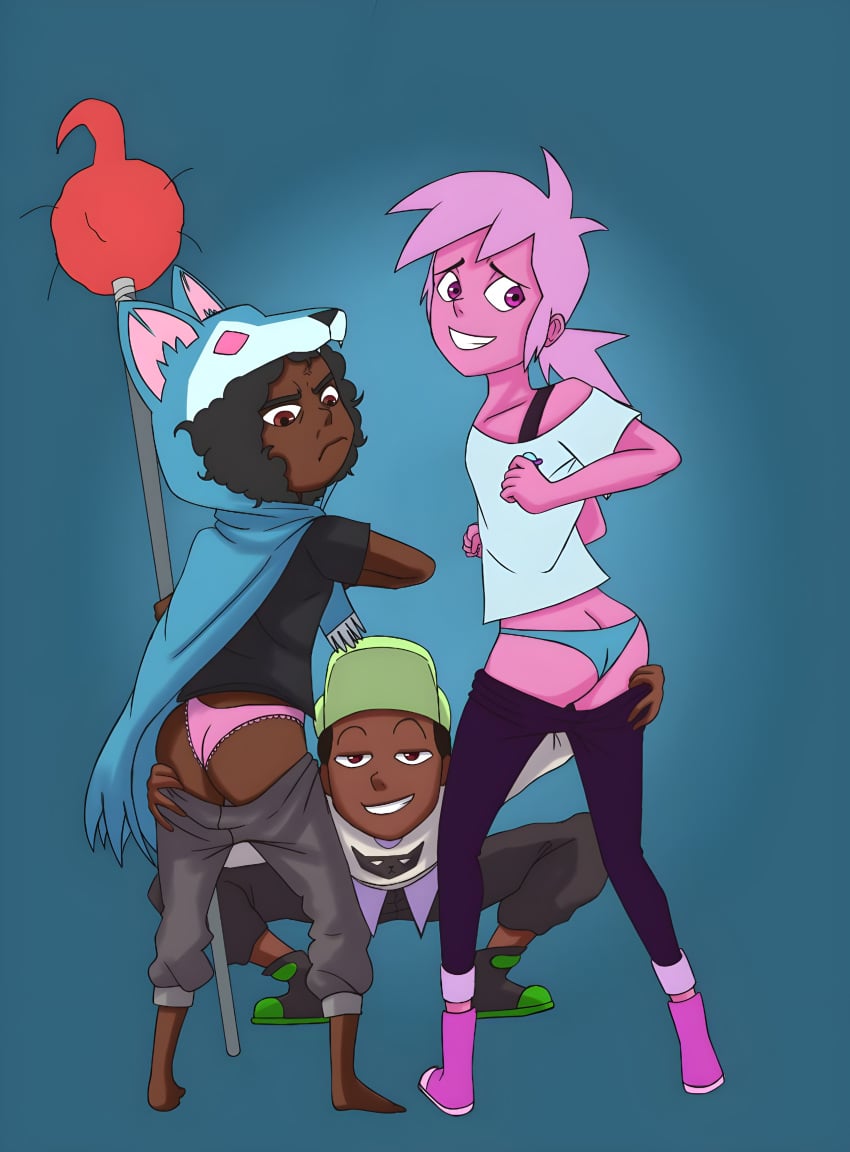 angry ass_grab barefoot benson_mekler blue_panties brown_skin crouching dark-skinned_female dark-skinned_male forced_smile frown kipo_and_the_age_of_wonderbeasts kipo_oak looking_back pants_pulled_down pink_hair pink_panties pink_shoes pink_skin scowl wolfatha_christie