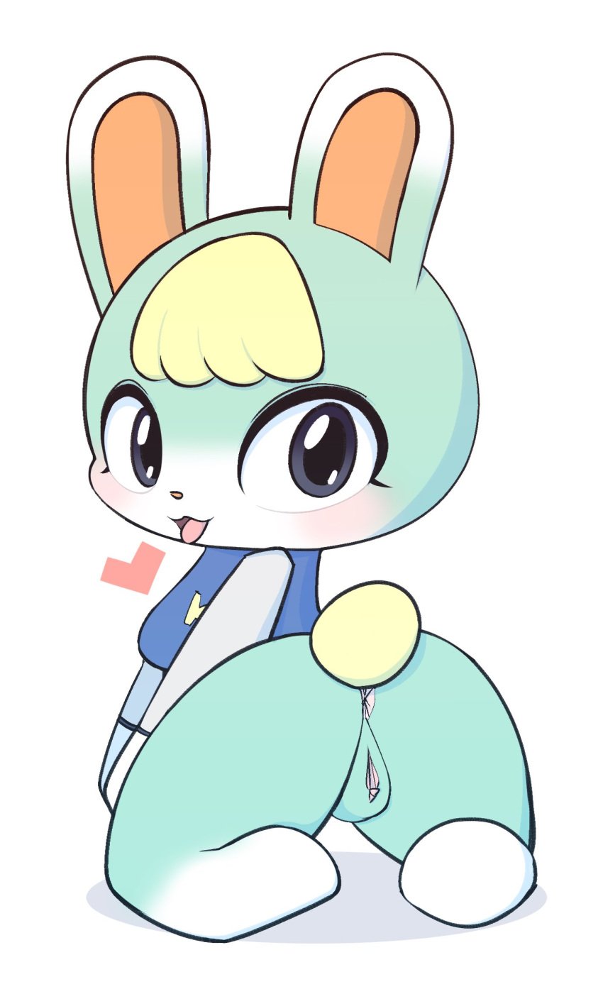 animal_crossing anthro anus ass blush bottomless breasts clothed clothing female fur furry furry_only genitals green_body heart hi_res lagomorph lemonspark_nwt leporid looking_at_viewer looking_back mammal nintendo partially_clothed pussy rabbit rear_view rule_63 sasha_(animal_crossing) simple_background solo tail topwear video_games white_background white_body