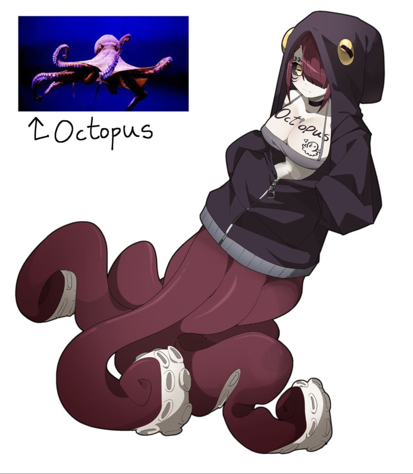 1girls big_breasts big_hood body_writing choker eyebrow_piercing horizontal_pupils humanized jacket junkzero octopus_girl octopus_hoodie octopus_humanoid piercings purple_jacket red_hair red_skin red_tentacles scylla stomach suckers tentacle tummy white_skin yellow_eyes