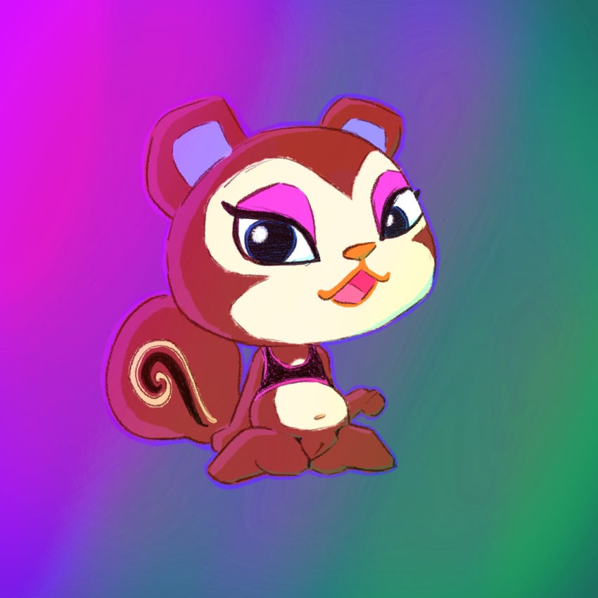 1:1 :3 animal_crossing anthro bottomless chibi clothed clothing female genitals gradient_background hi_res looking_at_viewer makeup mammal nintendo pecan_(animal_crossing) pussy rodent sciurid simple_background simski slightly_chubby solo swirl video_games