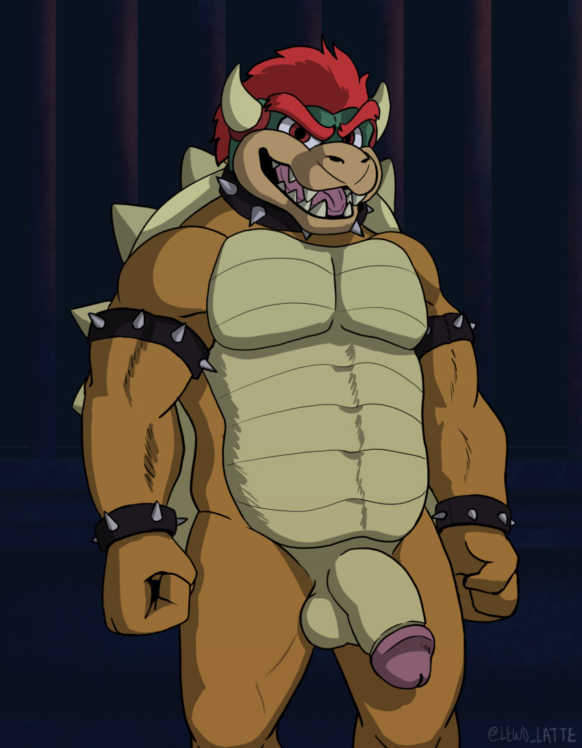 anthro bowser bracelet collar erection genitals hair hi_res humanoid_genitalia humanoid_penis jewelry lewd_latte male male_only mario_(series) musclegut necklace nintendo pecs penis red_eyes red_hair solo spiked_collar spikes video_games