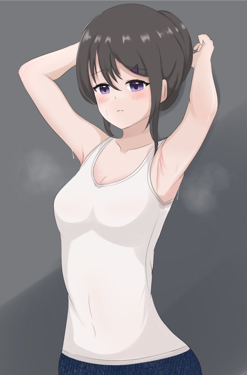 1girls armpit_sniffing armpits exposed_armpits female female_only original ryzeon showing_armpits showing_off sleeveless sleeveless_shirt small_breasts smell smelly solo stain stained_clothes steam steaming_body sweat sweat_stain sweating sweaty_breasts tank_top