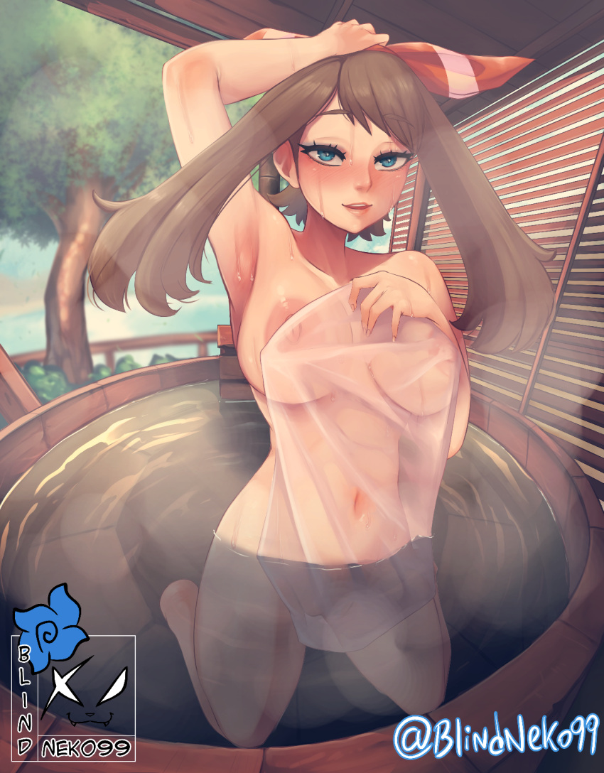 arm_up armpits arms artist_name bangs bare_shoulders barefoot big_areola big_nipples blindneko99 blue_eyes brown_hair collarbone creatures_(company) eyelashes female female_focus full_body game_freak highres kneeling looking_at_viewer may_(pokemon) may_(pokemon_oras) medium_hair naked_towel neck nintendo nipples onsen outdoors partially_submerged pokemon pokemon_(game) pokemon_oras see-through shiny shiny_hair shiny_skin side_bangs sidelocks signature steam thighs towel wet white_towel