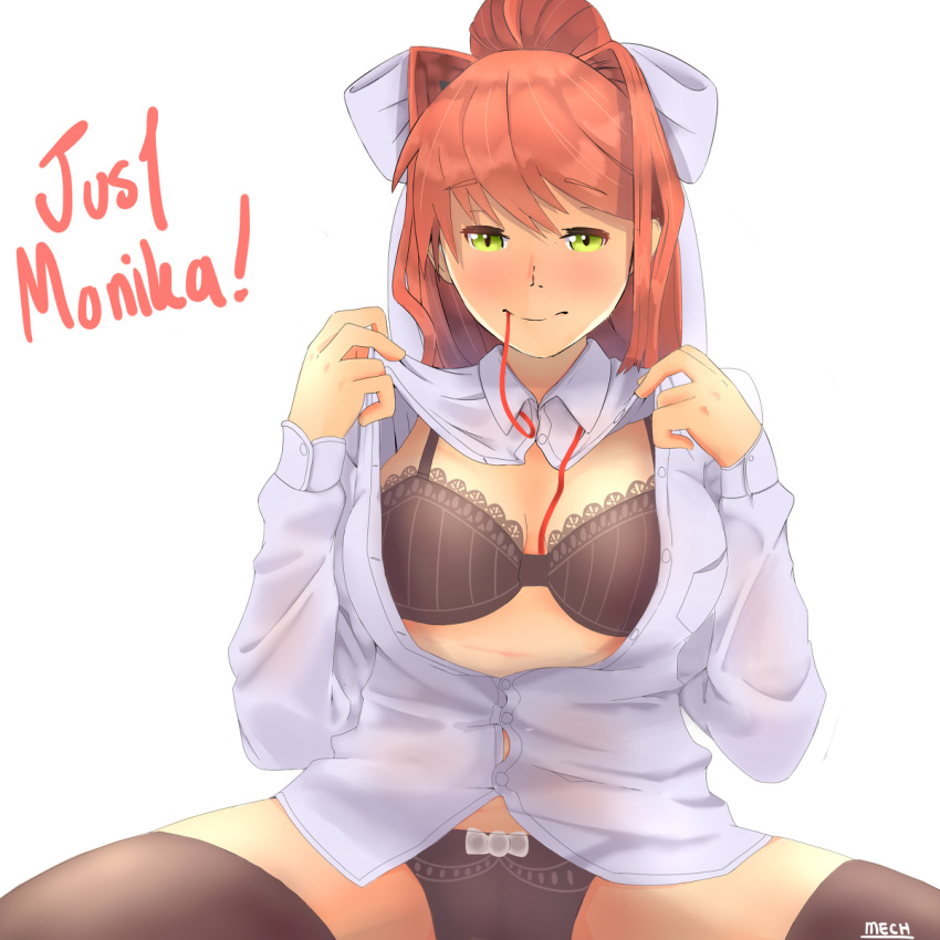 black_bra black_panties bow_panties bra doki_doki_literature_club english_text green_eyes lingerie matching_underwear mf_draws monika_(doki_doki_literature_club) panties shirt_unbuttoned text unbuttoned unbuttoned_shirt