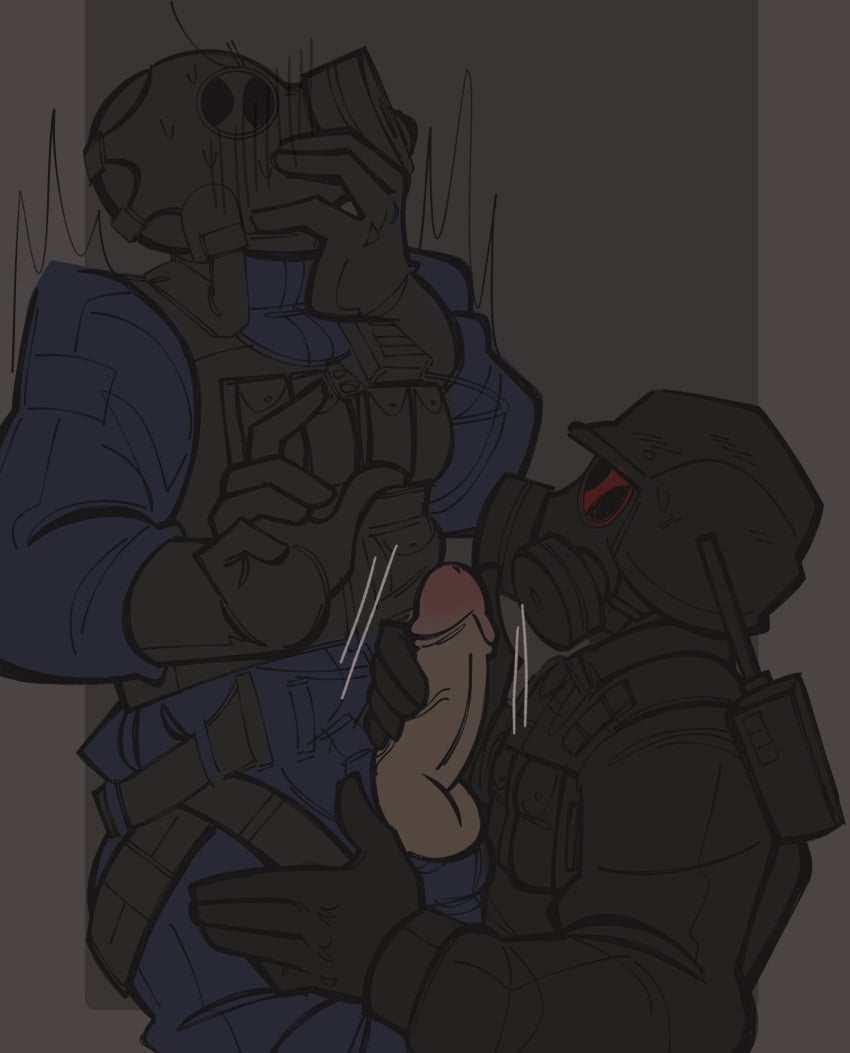 2boys action_lines artist_request big_penis blush_lines clothed_male_clothed_male gas_mask gay gloves handjob helmet hunk_(resident_evil) kneeling looking_at_partner looking_up male_only military military_uniform multiple_boys penis_out rainbow_six rainbow_six_siege resident_evil simple_background smoke_(rainbow_six) yaoi