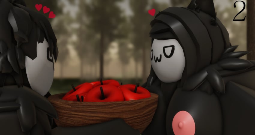 3d ^_^ apples big_breasts black_fur bowl forest forest_background furry furry_only happy heart imminent_sex larger_female love neck_tuft nonalterna proposal roblox robloxian self_upload skull_face smaller_male tagme true_love woods