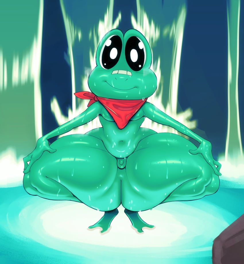 amphibian anthro ass bandage big_butt black_eyes crouching frog genitals green_body hi_res huge_butt huge_thighs kerchief looking_at_viewer male microballs micropenis nude penis pupils slightly_chubby small_penis smile solo sqoon thick_thighs wet wet_body white_pupils