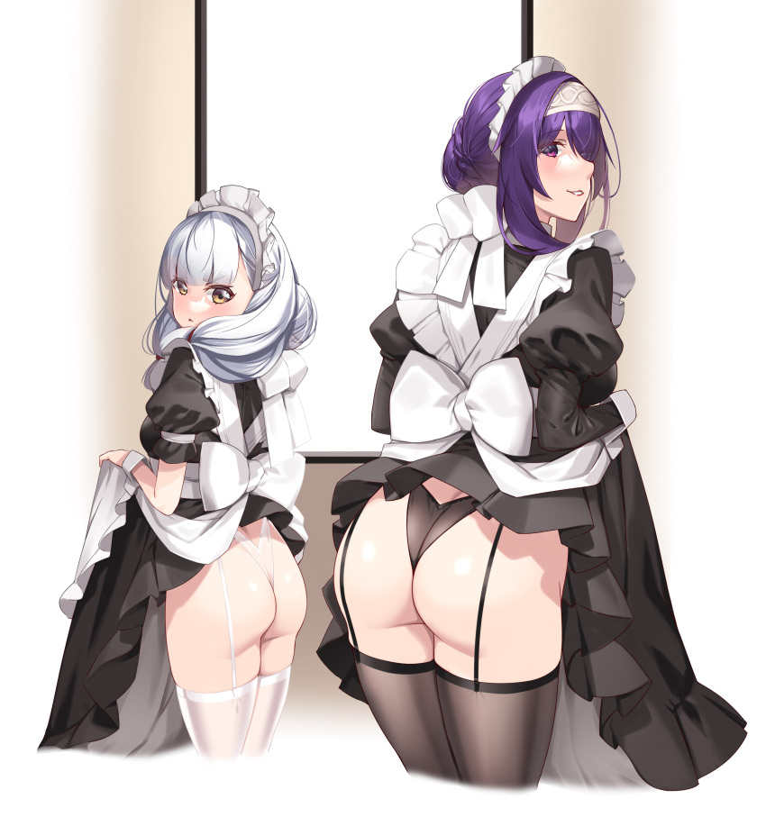 2girls absurdres ass bangs black_dress black_panties black_thighhighs brown_eyes clothes_lift dress dress_lift female female_only frills garter_straps hie_(hiememiko) hiememiko highres kantai_collection lifted_by_self looking_at_viewer maid maid_headdress multiple_girls murakumo_(kantai_collection) original panties purple_eyes purple_hair red_lips teeth thighhighs underwear white_hair white_panties white_thighhighs