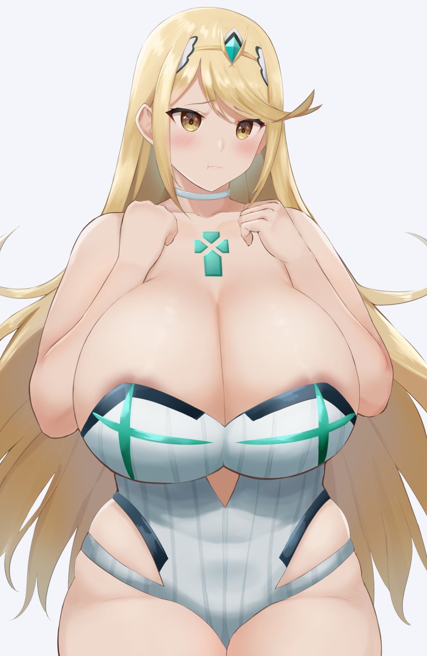 2022 absurdres alternate_body_type alternate_breast_size areola_slip bangs blonde_hair blush breast_squeeze breasts choker cowboy_shot curvy eyelashes female grey_background grey_leotard hairband hands_up highres hip_vent huge_breasts large_areolae leotard mythra mythra_(xenoblade) nayutayutautau official_alternate_costume plump pout shiny shiny_hair skindentation solo swept_bangs thick_thighs thighs wide_hips xenoblade_chronicles_(series) xenoblade_chronicles_2 yellow_eyes