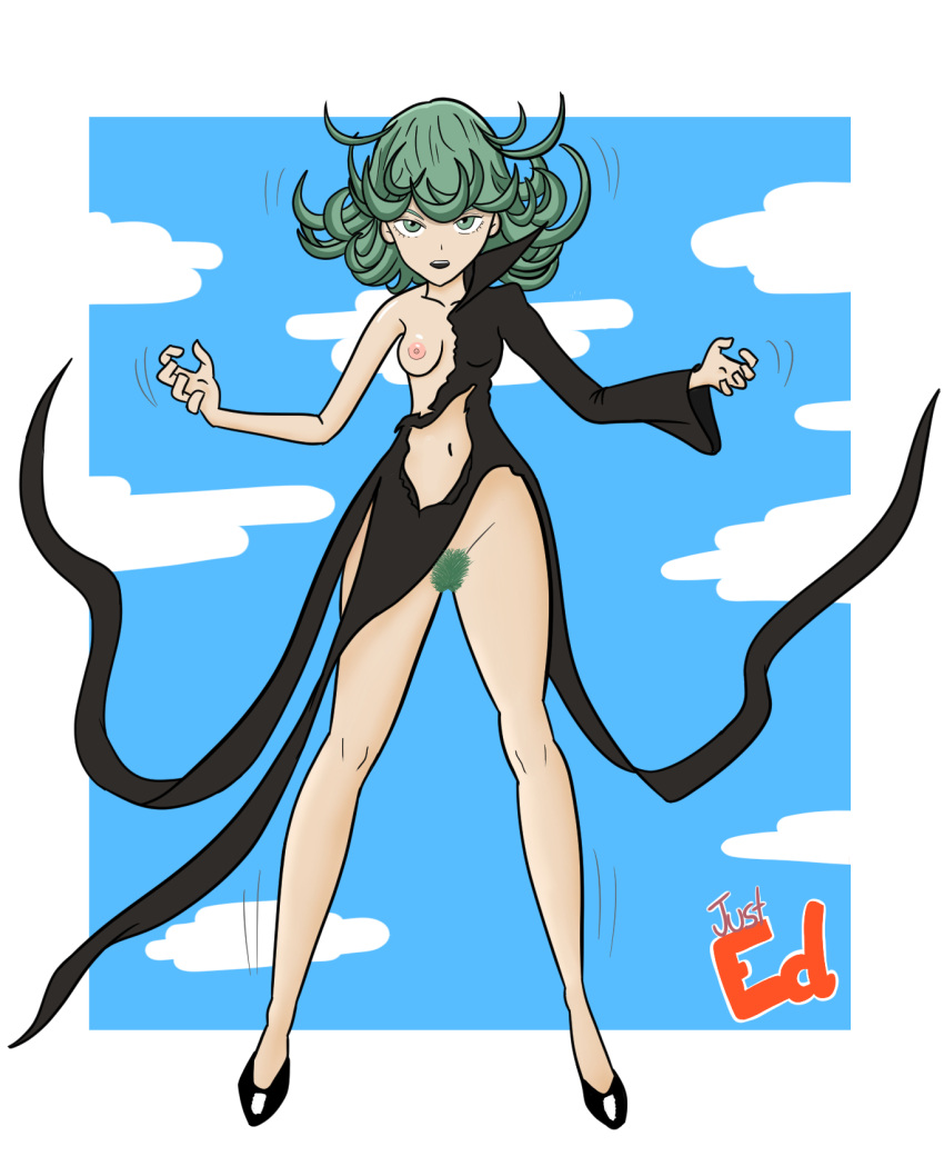 1girls black_dress bottomless breasts dress female female_only female_pubic_hair green_hair green_pubic_hair hairy_pussy high_heels just_ed nipples no_panties one-punch_man pelvic_curtain petite pubic_hair small_breasts tatsumaki torn_clothes