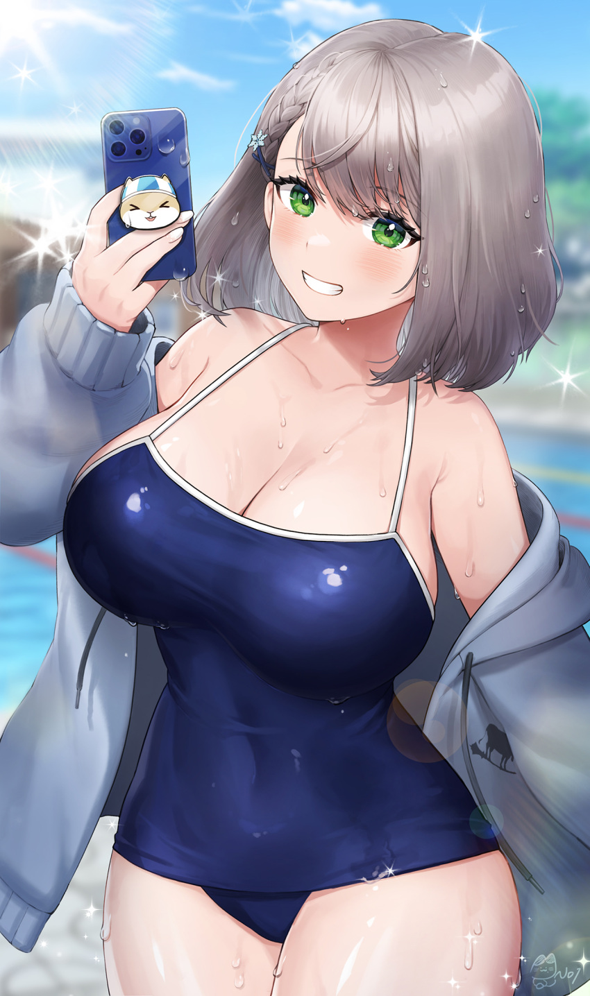 1girls 2022 bangs blue_one-piece_swimsuit blue_sky blush braid breasts cellphone cleavage cloud covered_navel cowboy_shot day green_eyes grey_hair grey_jacket grin hand_up highres holding holding_phone hololive hololive_fantasy hololive_japan jacket large_breasts long_sleeves looking_at_viewer noixen off_shoulder one-piece_swimsuit open_clothes open_jacket outdoors phone pop_(shirogane_noel) shirogane_noel short_hair sky smartphone smile solo standing swimsuit virtual_youtuber wet