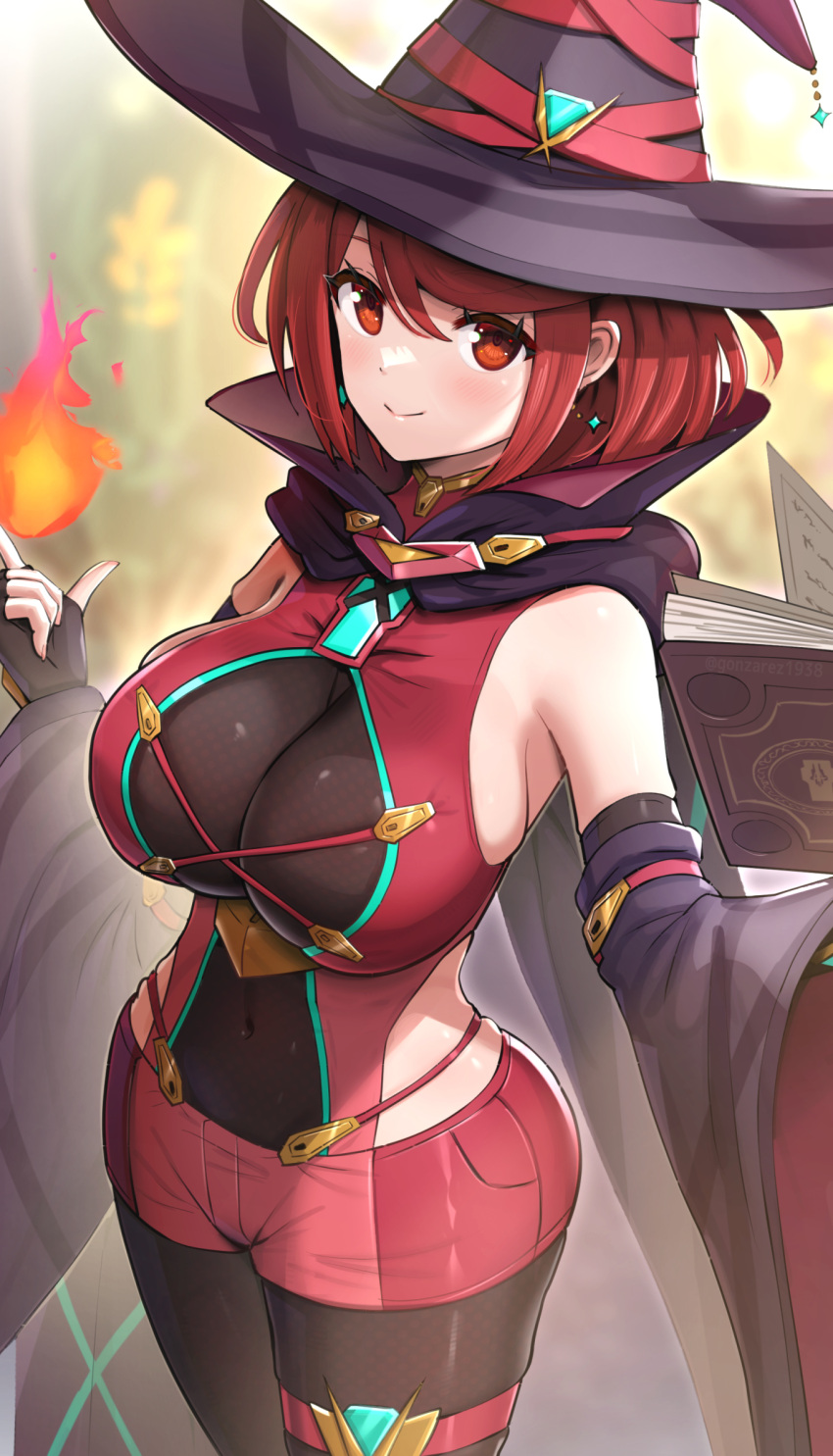 1girls alternate_version_available bangs belly_button breasts core_crystal earrings female female_focus female_only fire gonzarez halloween hat hi_res huge_breasts large_hat light_blush looking_at_viewer magic nintendo pyra red_clothing red_eyes red_hair sheer_legwear short_hair smile spellbook swept_bangs tight_clothing tight_fit tights witch witch_costume witch_hat xenoblade_(series) xenoblade_chronicles_2