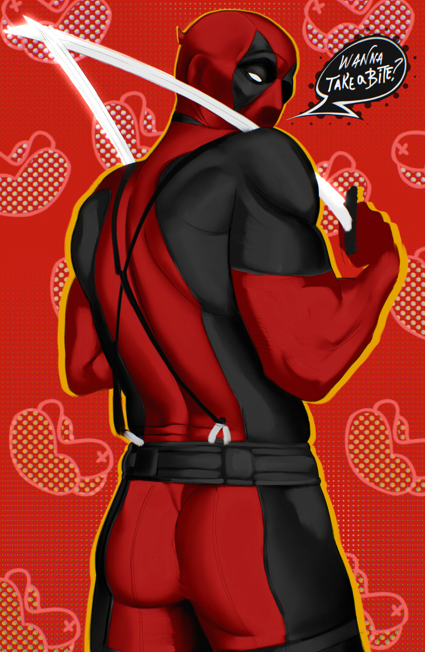 1boy ass back bara bodysuit bubble_butt chichett clothed clothing deadpool digital_media_(artwork) english_text from_behind human katana looking_at_viewer looking_back male male_only marvel neon seductive simple_background solo standing thighs wade_wilson weapon