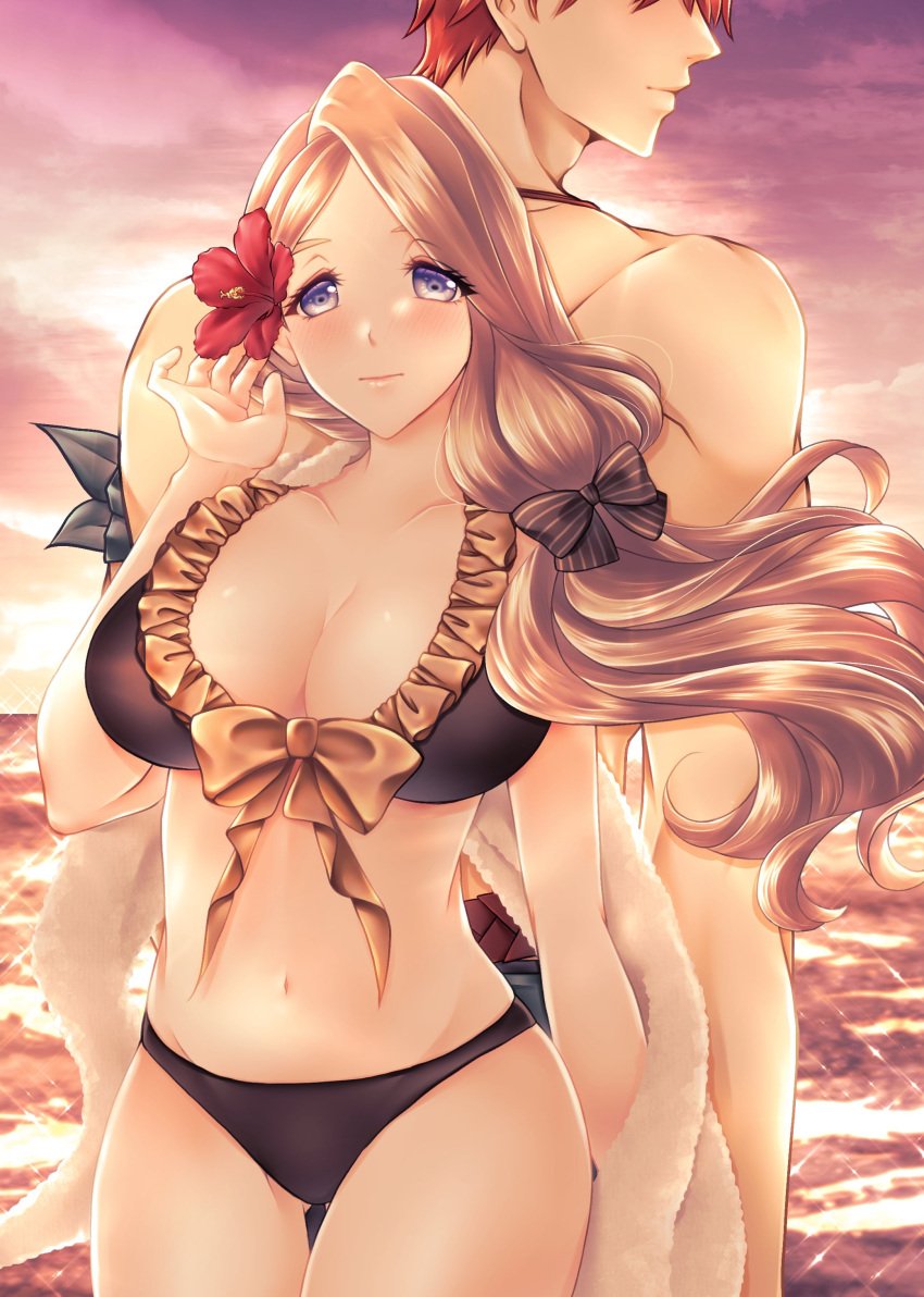 1boy 1girls alternate_breast_size alternate_costume asa_(asakisafe1) ass_visible_through_thighs back_view bare_thighs big_breasts bikini black_bikini black_swimsuit blonde_hair blue_eyes breasts brown_bikini brown_hair brown_swimsuit female female_focus fire_emblem fire_emblem:_three_houses fire_emblem_heroes flower hair_flower large_breasts long_hair looking_back male mercedes_von_martritz mercedes_von_martritz_(summer) muscular muscular_male nintendo official_alternate_costume orange_hair outdoors short_hair side_ponytail solo_focus sunset swimsuit sylvain_jose_gautier sylvain_jose_gautier_(summer) thick_thighs thighs