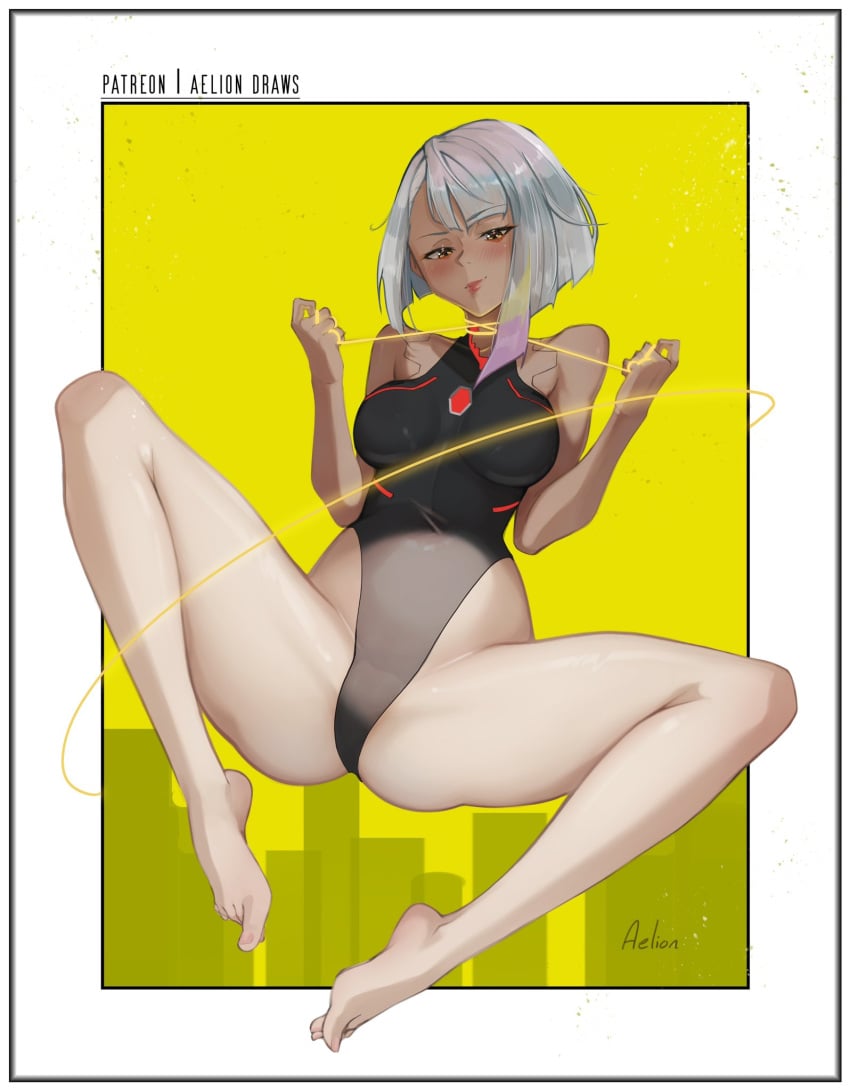 1girls aelion_draws asian asian_female barefoot big_ass big_breasts cd_projekt_red cyberpunk:_edgerunners cyberpunk_2077 feet female female_only leotard light-skinned_female light_skin lucyna_kushinada monowire netflix studio_trigger thick_thighs wire