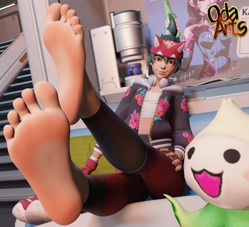 3d athleisure_kiriko barefoot blizzard_entertainment feet foot_fetish foot_focus kiriko_(overwatch) looking_at_viewer oda_arts overwatch overwatch_2 pachimari soles toes