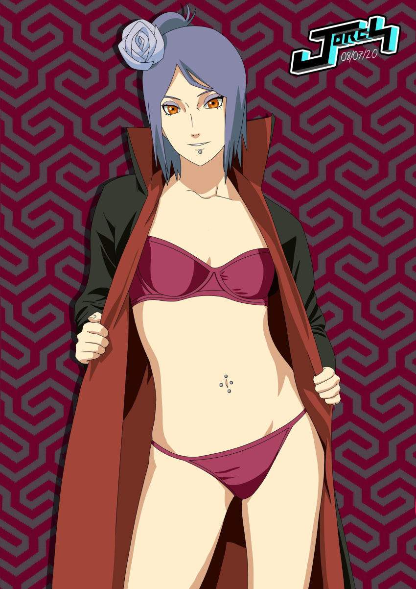 1girls akatsuki_(naruto) bikini blue_hair breasts cleavage cloak eyeshadow feet_out_of_frame female female_only flower flower_in_hair jorch_jacg konan labret_piercing long_hair looking_at_viewer makeup mature mature_female midriff naruto naruto_(series) naruto_shippuden navel navel_piercing open_clothes orange_eyes piercing rose rose_in_hair shoulder_length_hair smile solo solo_focus swimsuit taking_clothes_off undressing undressing_self