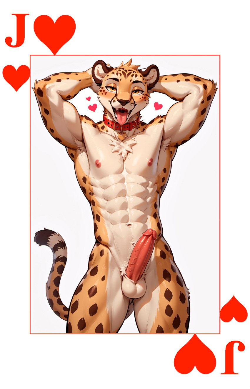 abs absurd_res animal_ears anthro armpits athletic athletic_male balls blush collar erection genitals hands_behind_head heart heart_symbol looking_at_viewer male muscular navel nipples nude nude_male penis playing_card poker_cards short_hair solo solo_male standing tongue_out yeenashaven